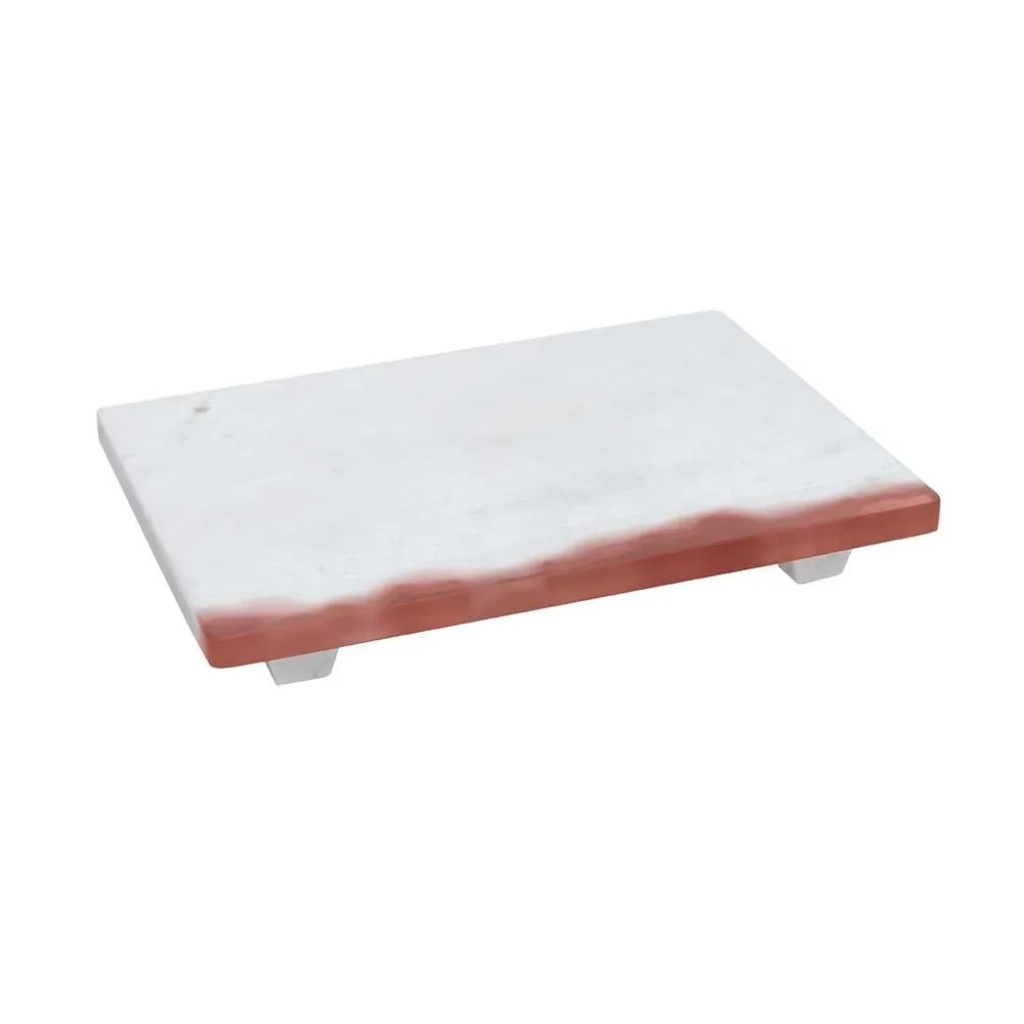 Tábua Para Servir em Mármore Branco 30,5cm Acabamento Vermelho Oxford Petiscos Tábua de Frios Aperitivos Entradas