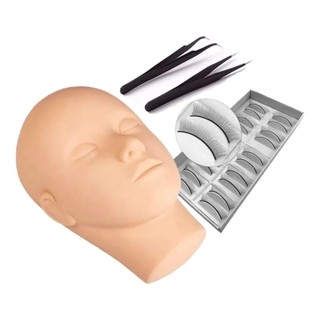 Kit Cabeça Treino Cartela De Cilios Alongamento Par De Pinças