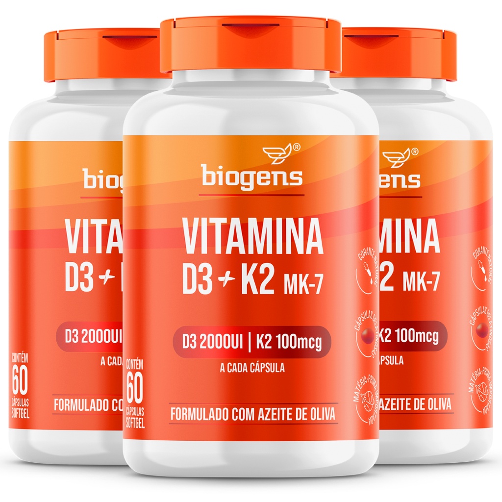 BIOGENS KIT 3X VITAMINA D3 2000UI + K2 MK7 100MCG AZEITE OLIVA 60 CAPS em Oferta na Shopee