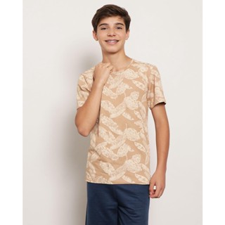 Camiseta Juvenil Manga Curta Estampa Tropical Bege