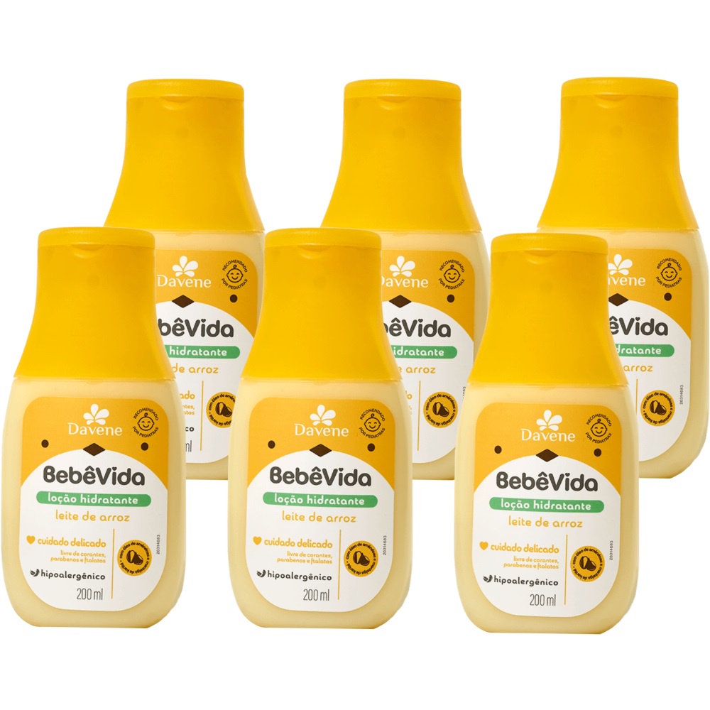 6UN Loção Hidratante Bebe Vida Leite de Arroz 200ml Davene