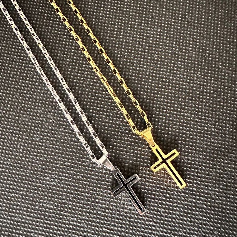 Corrente + Pingente Cruz Palito Prateado e Dourado Banhados a ouro 18k Cordão Cartier Masculina Crucifixo Moeda Antiga Aço Inoxidavel 316L