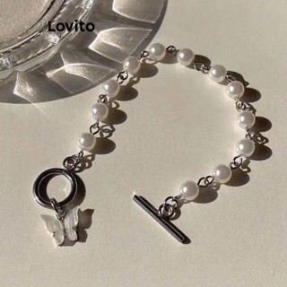 Lovito Pulseira de Pérolas de Borboleta e Coração com Zircônia para Mulheres LFA03227 (Prateado)