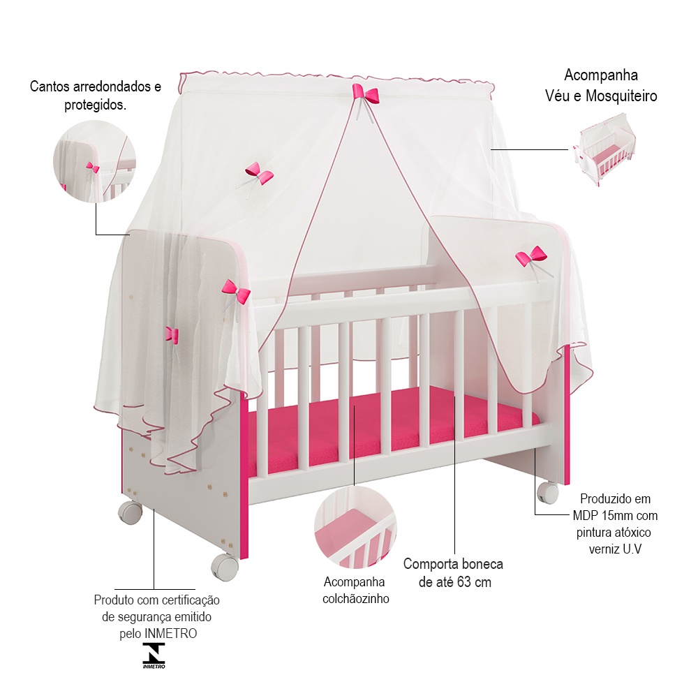 Berço Para Boneca Magia C02 Brinquedo Infantil Branco Rosa - Lyam Decor — imagem 2 de 2