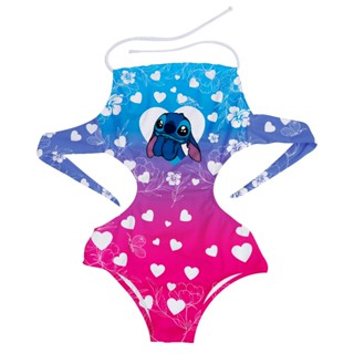 Estilo Tropical: Maiô Lilo & Stitch com Delicados Corações em Degrade Rosa e Ciano em Oferta na Shopee
