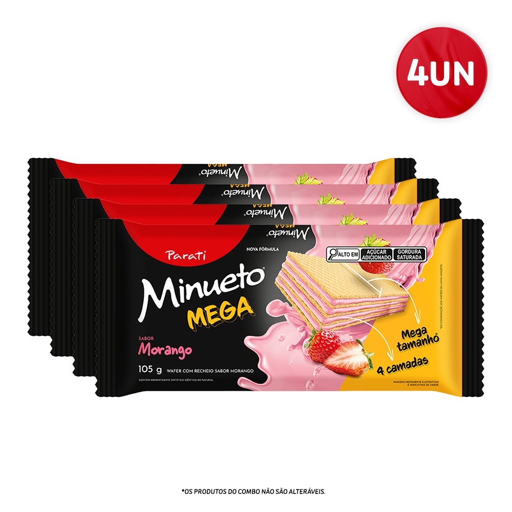 Combo Wafer Minueto Mega Morango 105G - 4 Unidades