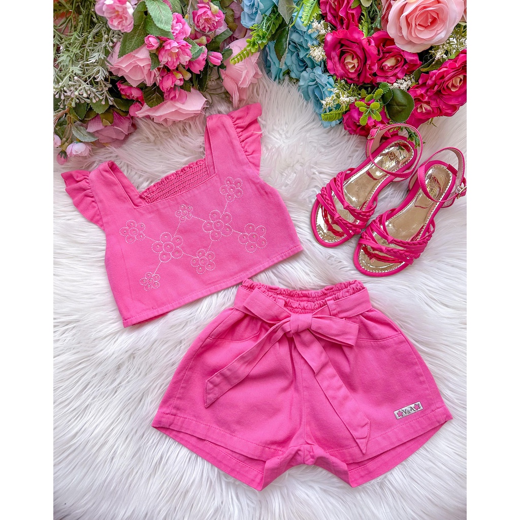 Conjunto Blogueirinha Sarja Shorts Rosa Chiclete