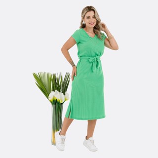 Vestido Feminino Canelado Manga Curta Com Fendas Laterais e Cinto 73923A