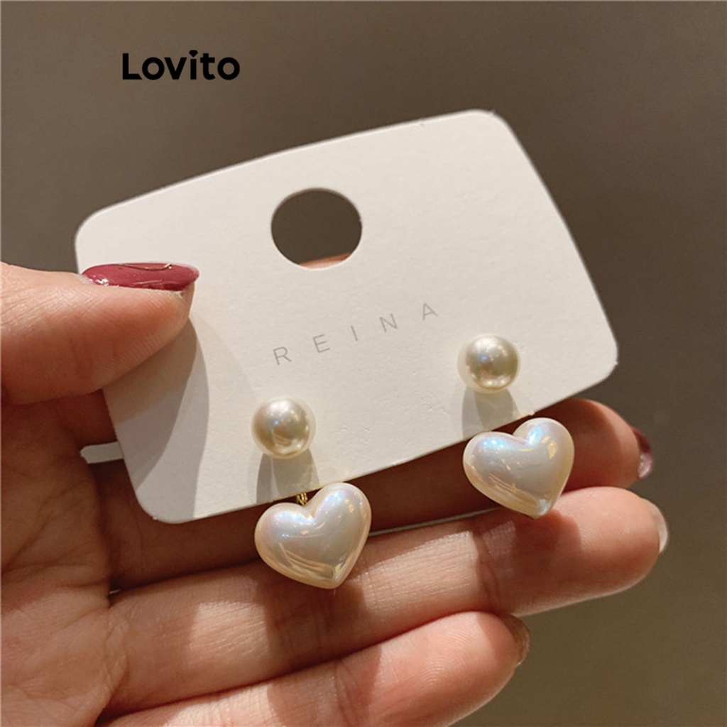 Lovito Brincos de Luxo em Formato de Coração S925 com Pérolas para Mulheres LFA08572 (Branco) - Fashion Accessories