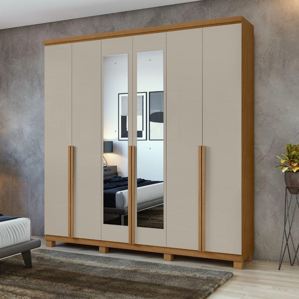 Guarda-Roupa Casal 6 Portas 4 Gavetas Com Espelho Amendoa/Off White Alonzo Móveis Lopas em Oferta na Shopee