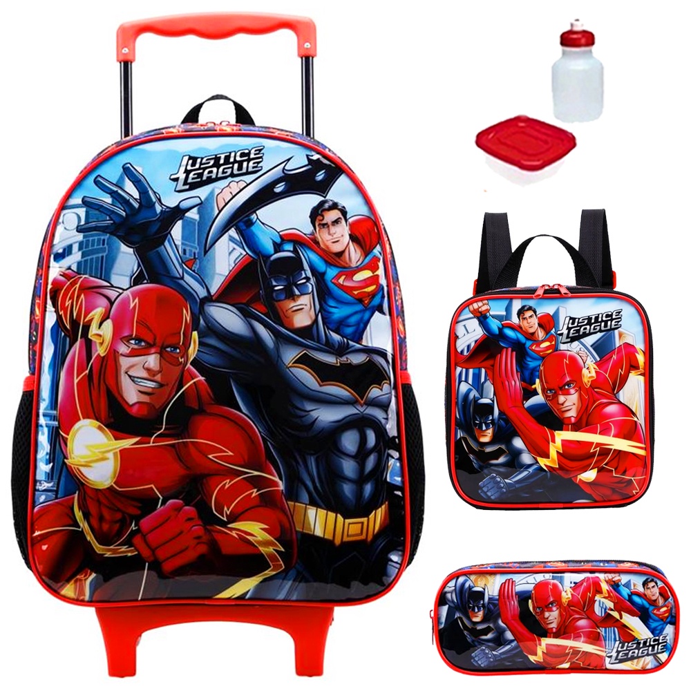 Kit Mochila Mochilete Infantil Liga Da Justica Escolar Reforcada Xeryus Rodinhas Tam G Com Lancheira Termica Garrafinha Potinho e Estojo
