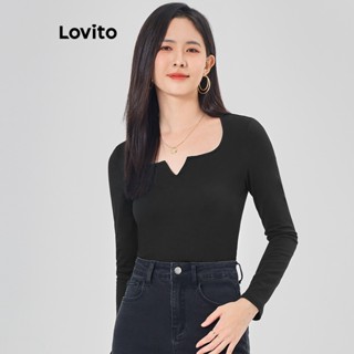 Lovito Casual Camiseta Feminina Lisa com Recorte L68ED043 (Preta)