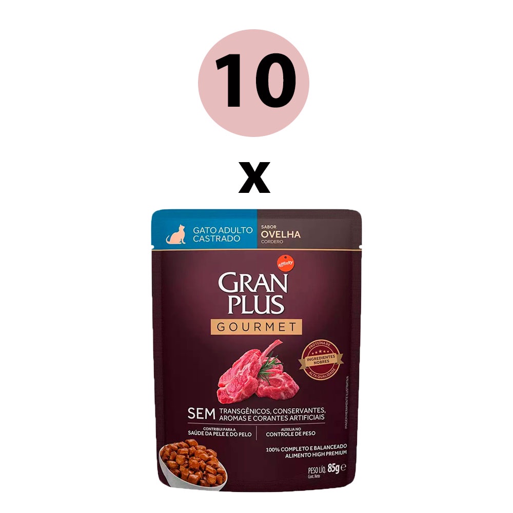 KIT 10 Ração Úmida Gran Plus Gourmet Gatos Castrados Ovelha Sachê 85g em Oferta na Shopee
