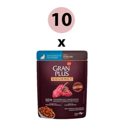 KIT 10 Ração Úmida Gran Plus Gourmet Gatos Castrados Ovelha Sachê 85g