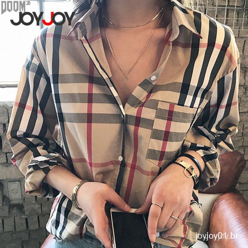 Camisa Feminina Clássica de Manga Longa Xadrez, Estilo Casual para Primavera e Outono, com Botões Frontais em Oferta na Shopee