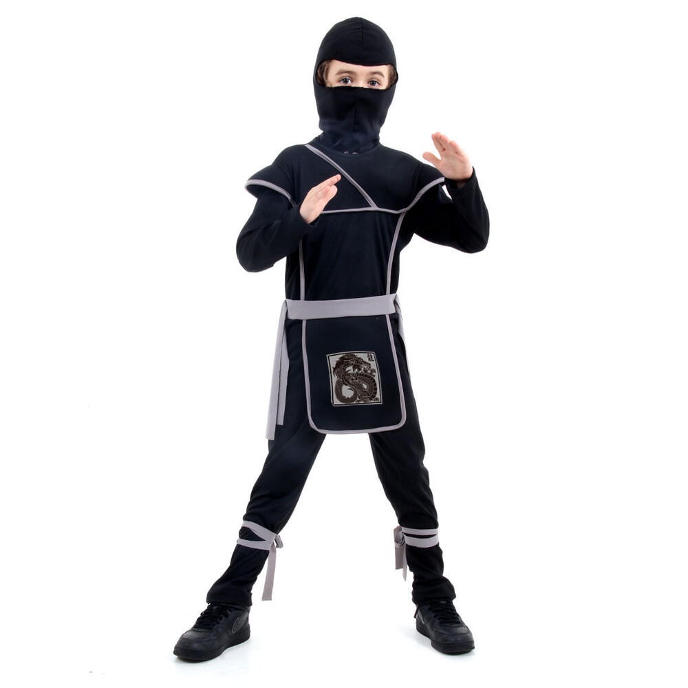 Fantasia Infantil Guerreiro Ninja Preto/Cinza Longo C/ Capuz