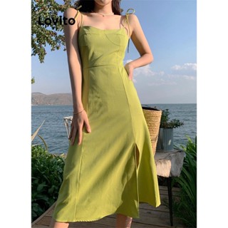 Lovito Vestido Elegante Liso Dividido Com Renda Estruturada Para Mulheres LNL43165