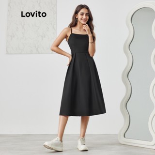 Lovito Vestido de Alcinha Feminino Casual Liso Decote Quadrado Plissado All-Match Estilo Coreano com Bolsos L35AD032 (Preto)