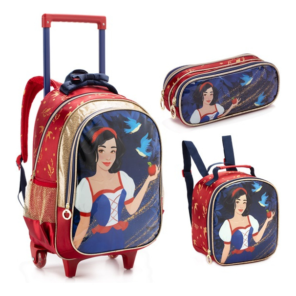 Kit Mochila Rodinha Lancheira Estojo Princesa Branca De Neve