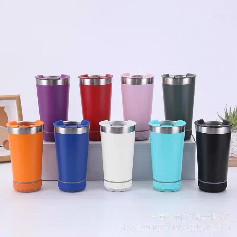 Copo térmico inox com tampa abridor e caixa de som com bluetooth Led 473 ML