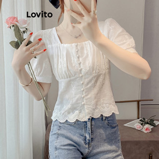 Lovito Blusa Elegante Simples Com Bordado De Botões Plissados Para Mulheres LNE40355