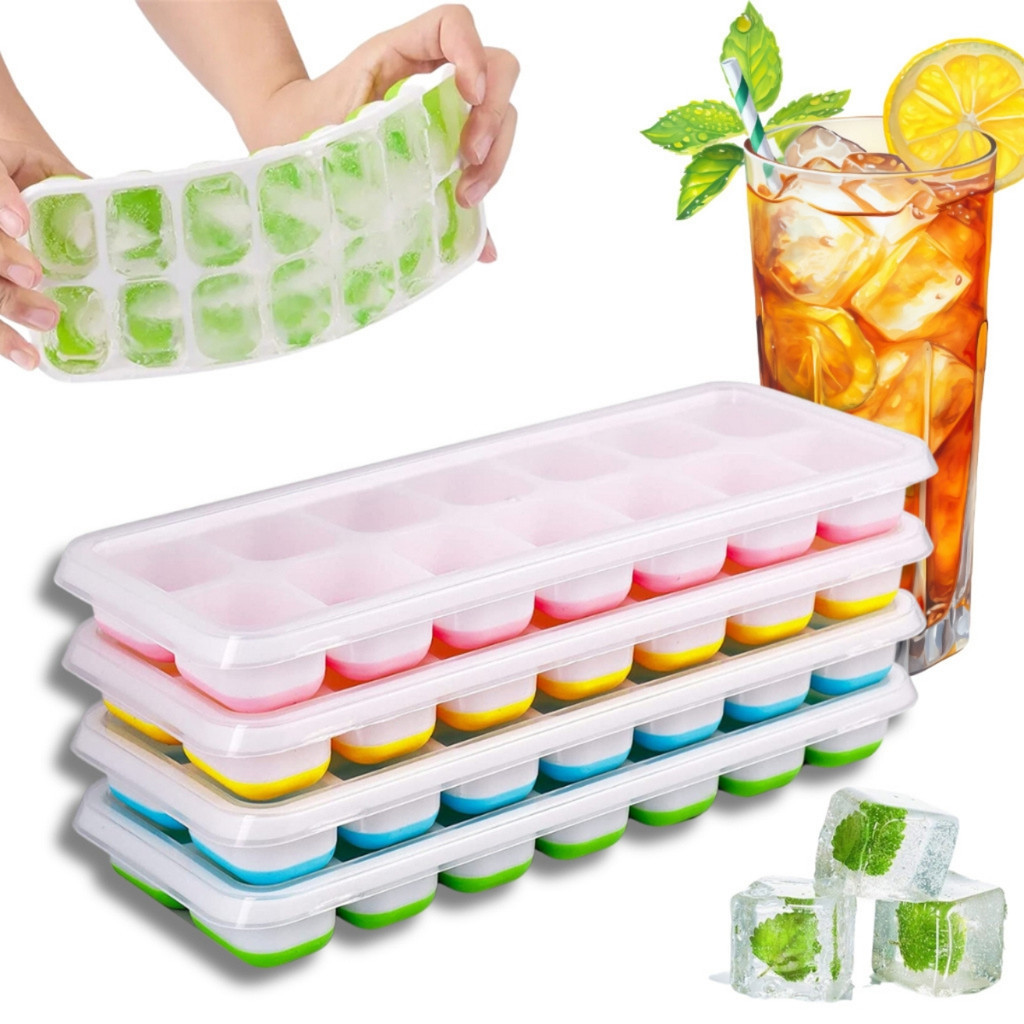 Forma de Gelo Silicone Tampa Rígida Flexível Fundo 14 Cubos Retangular Multiuso Lavável Bandeja