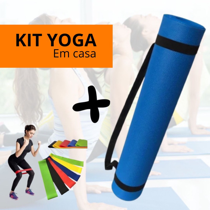 Kit Yoga Em Casa Pilates Fitness Tapete EVA Ginástica 1,00x0,50 + Kit com 5 Faixas Elásticas