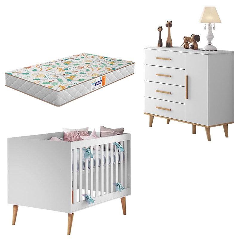 Berço Americano e Cômoda Infantil Ludmila Branco Bétula com Colchão Gazin – Carolina