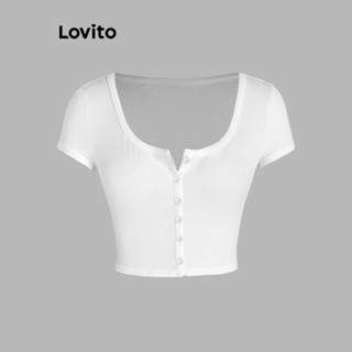 Lovito Camiseta Básica com Botões para Mulheres L58AD017 (Branco)