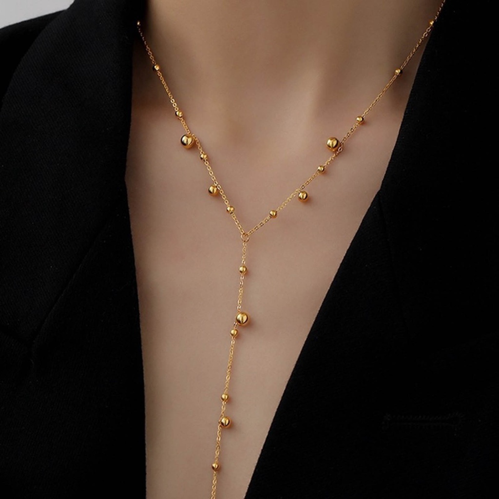 Vnox Bead Chain Colar Longo De Corrente Para Mulheres , 18K Gold Elo De Aço Inoxidável , Fahion Ins Jewelry