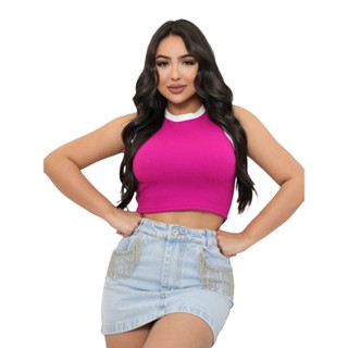 Blusa Cropped Feminino Canelado Anarruga Regata Bicolor