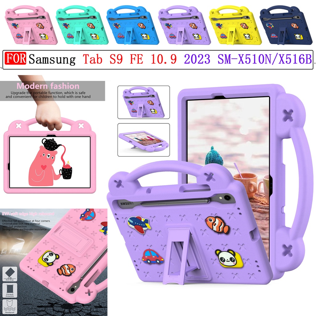 Para Samsung Galaxy Tab S9 FE 5G SM-X510N X516B 10.9 Polegadas 2023 S9 11 X710 X716B Porta-cartoon Infantil À Prova De Choque Eva Handle Cover Com Suporte PC