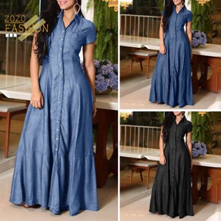 Vestido De Ganga De Lapela Feminino De Manga Curta Bolso De Cintura Alta Rufle Hem