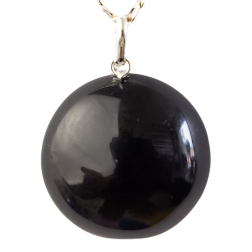Colar Cabochão Disco Obsidiana Negra Prata 950