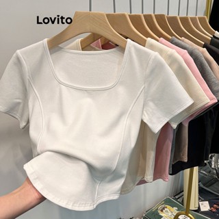Lovito Camiseta Feminina Casual Com Estrutura Lisa LNE31215 (Damasco/Branco/Preto)