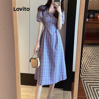 Lovito Casual Xadrez Decote Quadrado Manga Curta Bufante Vestido Midi Flare Para Mulheres LNE02217 (Roxo)
