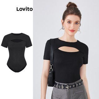 Lovito Bodysuits Casual Liso com Recortes para Mulheres L54ED064 (Preto)