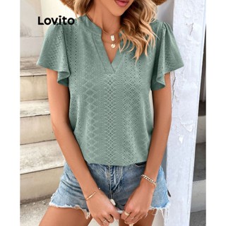 Lovito Casual Blusa Feminina Lisa com Babados e Bordado de Ilhós LNE27040 (Verde)
