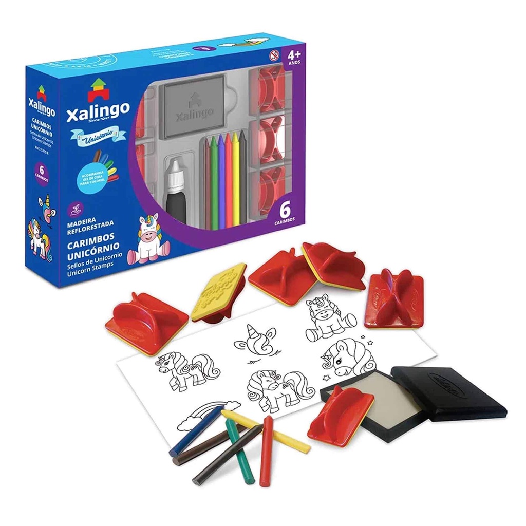 Carimbos Unicórnio com 6 Carimbos e Giz de Cera Desenhar Pintar Personagens Divertidos Criatividade Xalingo - 5319.8 - Mom & Baby