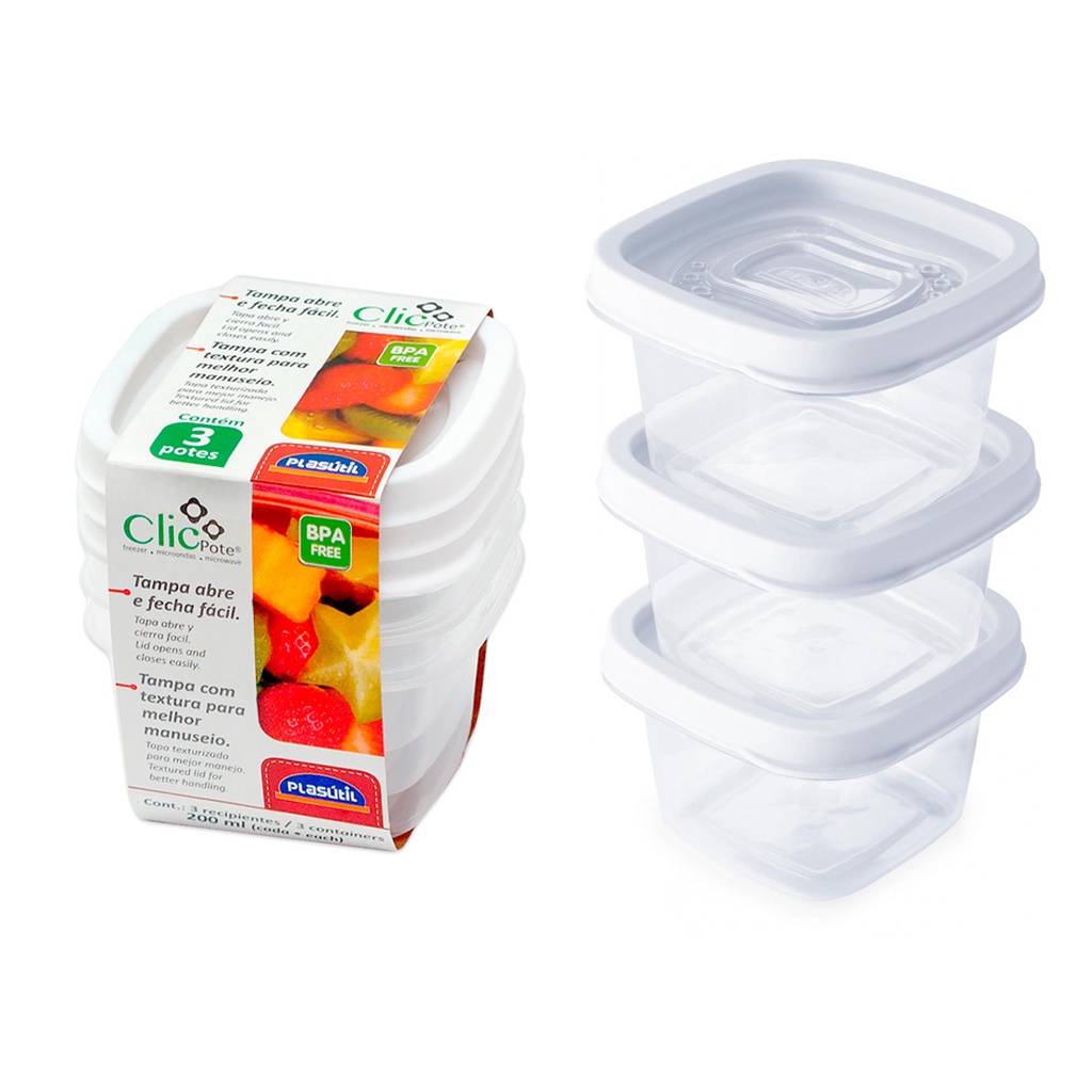 Jogo com 3 potes plástico quadrado 200ml mantimento alimentos frutas papinhas Vasilha marmita tupperware tapware tapawer