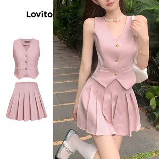 Lovito Casual Conjunto de Saia Plissada com Botões Frontais para Mulheres L74ED285