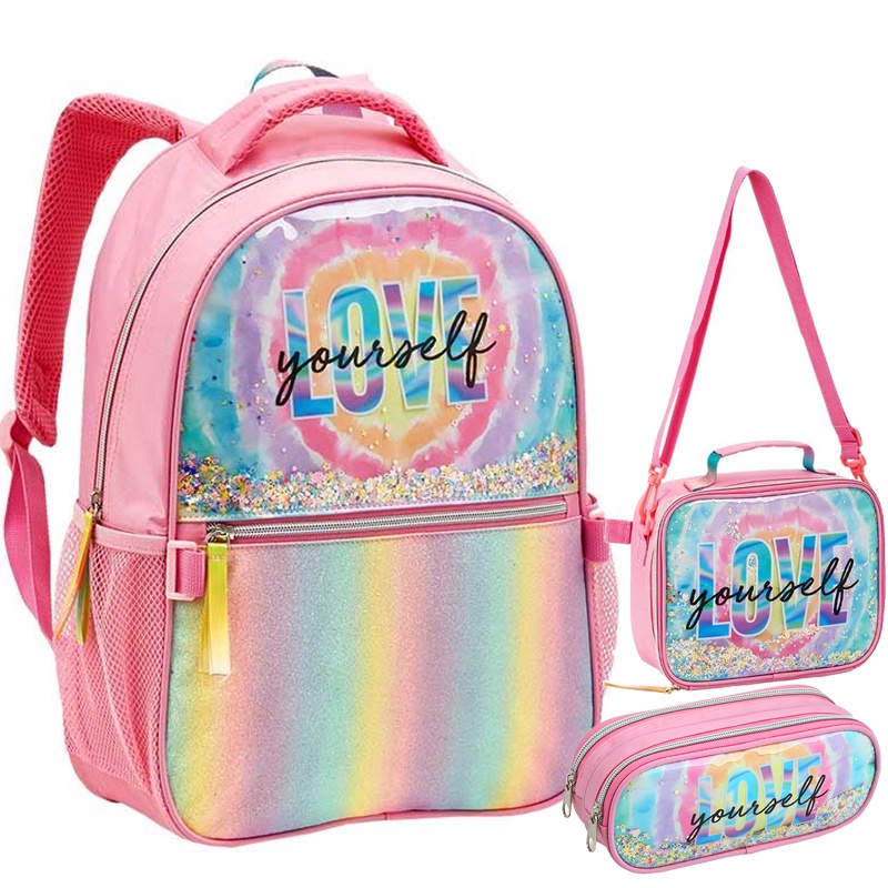 Kit Mochila Infantil Love Youtself Rosa Costas Escolar Reforcada Alcas Tamanho Grande Com Lancheira Termica Removivel e Estojo Duplo