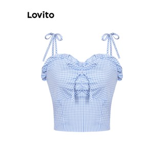 Lovito Boho Blusa Feminina Gingham Amarrada com Babados L74ED136