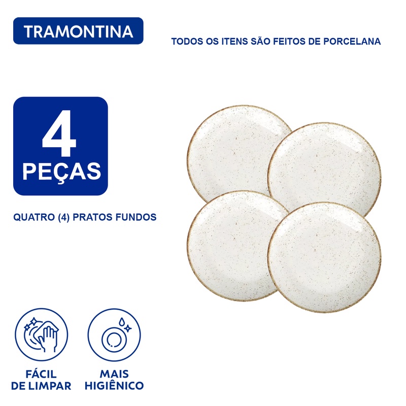 Jogo Pratos Fundos 22 cm Tramontina Rústico Porcelana 4 Peças
