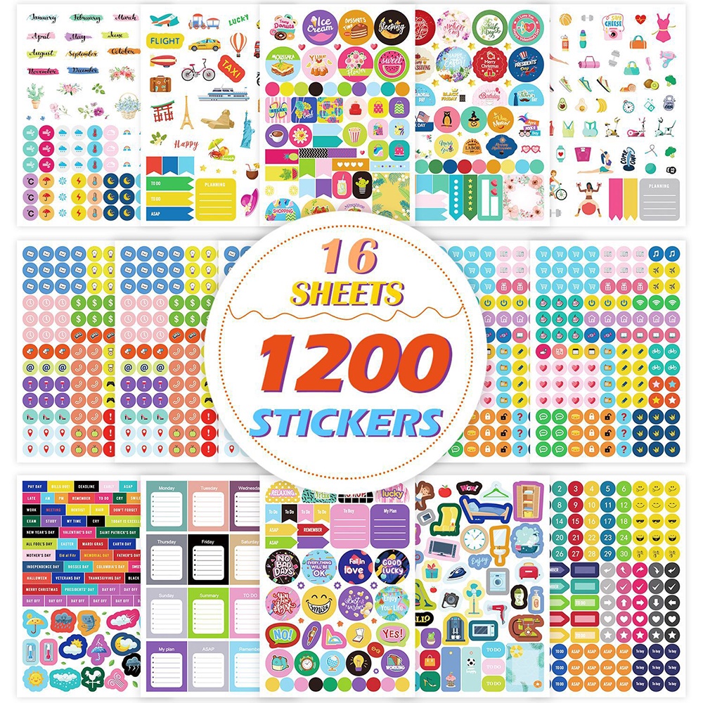 16 Folhas/1200Pcs Planner Sticker DIY Scrapbooking Diary Calendário Manual De Adesivos Decorativos Papelaria