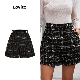 Lovito Elegante Shorts Feminino Liso com Bolso e Pérolas L71ED214 (Preto e Branco/Preto)