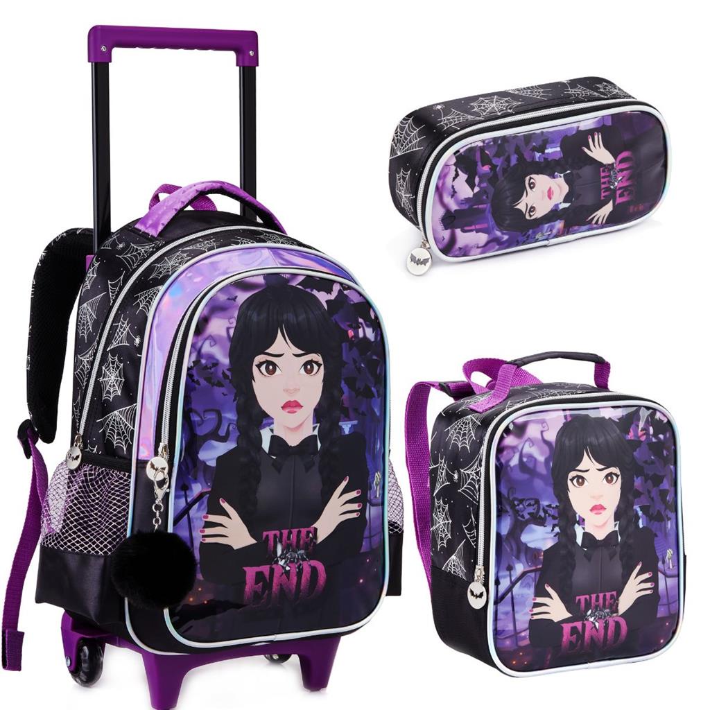 Kit Mochila Rodinha Lancheira Estojo Menina Infantil Feminina Wandinha Addans