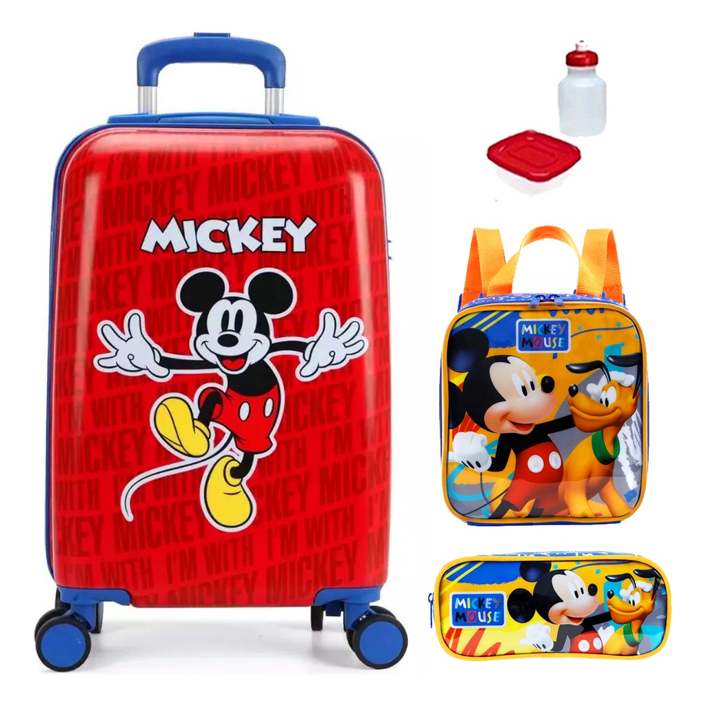 Kit Mala Malinha Mickey Mouse Escolar Bordo Abs Rodinha 360