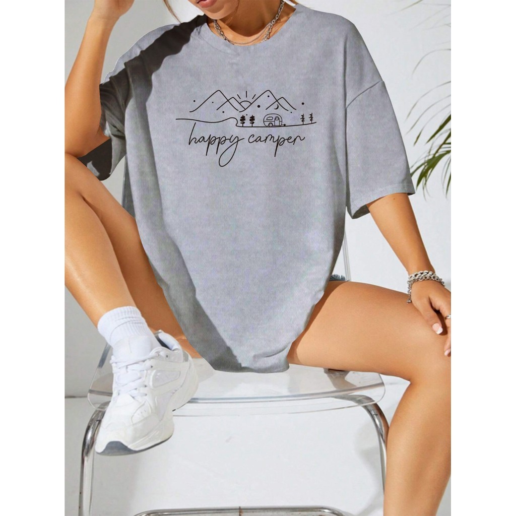 Camiseta Oversized Estampada Happy Estilosa Blusa Larga Streetwear Minimalista Despojada Casual