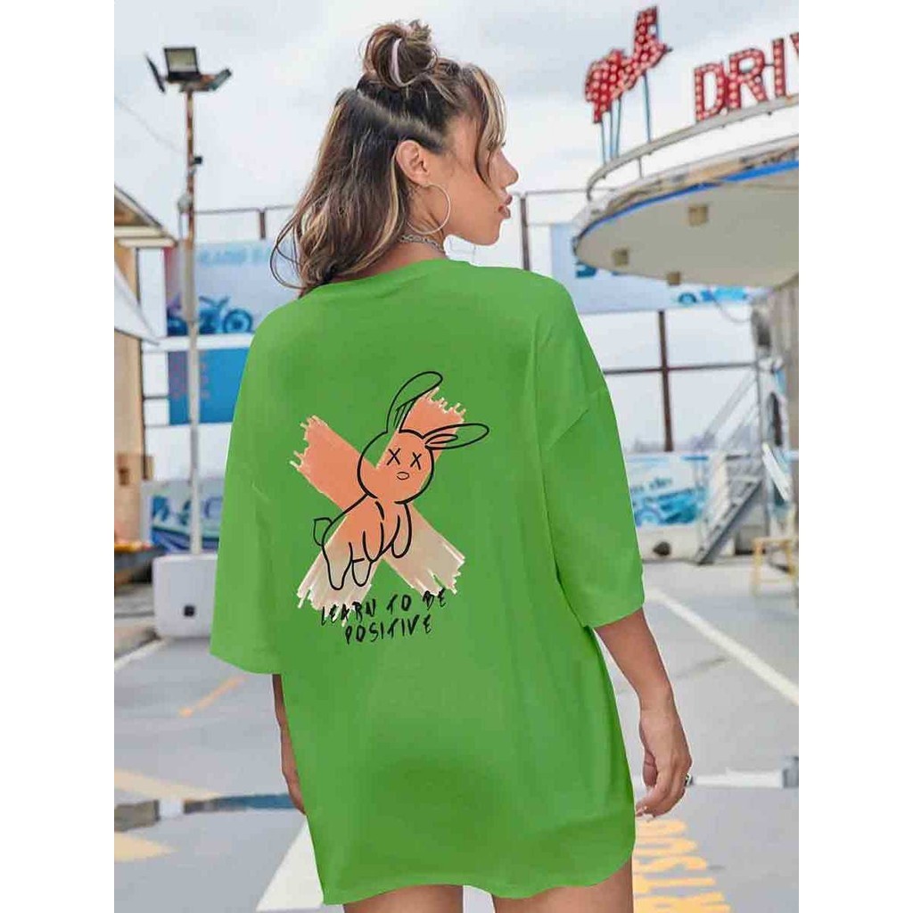  Blusa Feminina Estampada Coelho Positive T Shirt Casual Camiseta Oversized Estilosa Skatista Larga